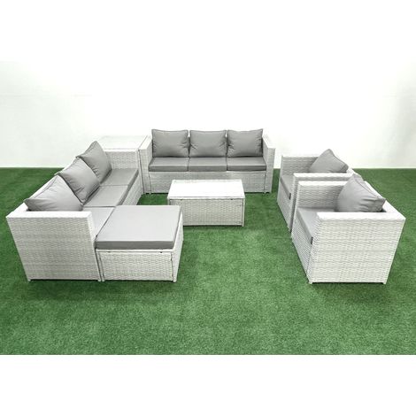 Fimous Outdoor Rattan Sofa Garden Furniture Set with 2 Armchairs Oblong Coffee Table Big Footstool Side Table Light Grey Mixed