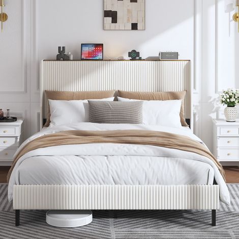 Lit 160x200 cm - Lit double Queen Size 160x200 - Cadre de lit plateforme velours côtelé tête de lit oreilles - Beige (1/5)