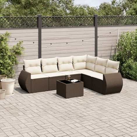 Salon de Jardin 7 Places en Résine Tressée Marron avec Coussins Crème, Table en Verre Trempé, Modulable (1/5)
