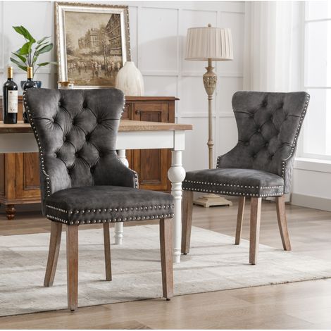 Sillas de comedor tapizadas en terciopelo gris con patas de madera, lote de 2 HAVRYA (1/5)