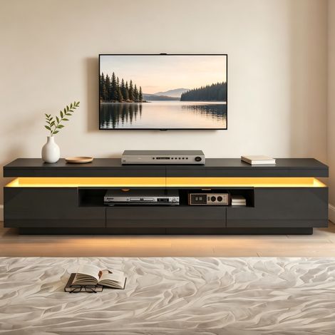TV-Lowboard mit 2 Schränken, 1 Schublade und halb offener Nische, LED, Hochglanz, für Wohnzimmer, 175 × 38 × 45 cm (1/5)