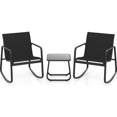 Ensemble de jardin 3 pièces : 2 fauteuils à bascule en métal et textilène + table plateau verre trempé, salon pour 2 personnes, adapté balcon, bord de piscine et terrasse (1/5)