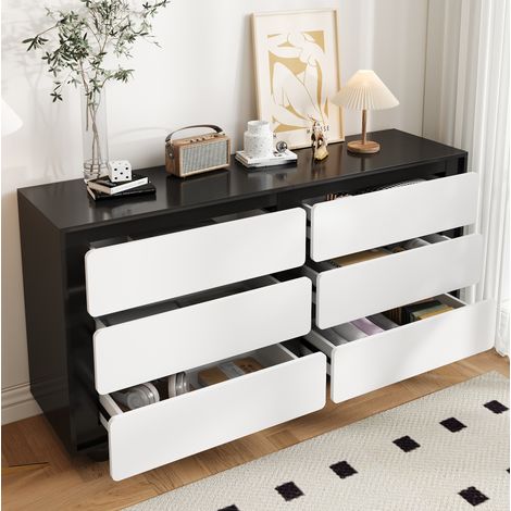 Cómoda 140x38x74.5 cm blanco y negro en tablero de partículas con 6 cajones y patas metálicas (1/5)