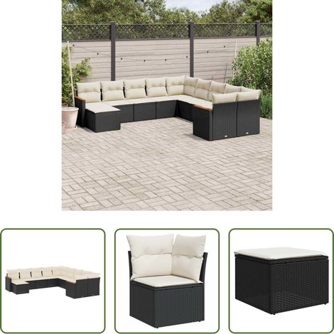 Gartenmöbel - 11-tlg. Garten-Sofagarnitur mit Kissen Schwarz Poly Rattan (1/5)