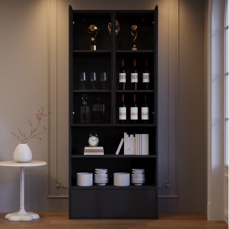 Vetrina 80x34x180 cm nera in MDF e vetro con LED, 1 cassetto e 6 livelli (1/5)
