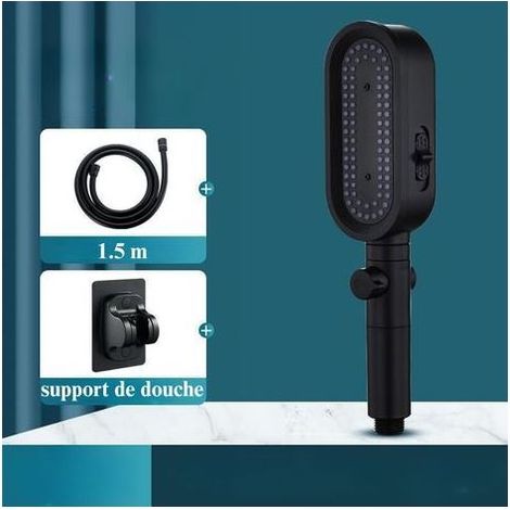 FENOPLASTICAPommeau de douche 3 modes, adoucisseur d'eau et buses anti-obstruction. 1,5 mètres de tuyau flexible + support.Système de lavage puissant intégré pour nettoyer les baignoires(noir). (1/5)