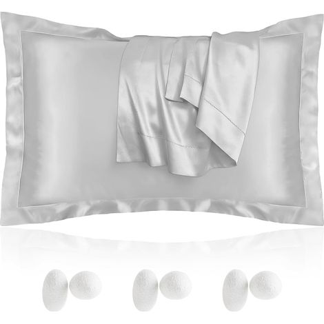 Taie d’Oreiller Satin 50 x 75 Lot de 2, Antichute des Cheveux, Alternative à la Soie, Pas de Fermeture éclair, Anti-Frisottis et Anti-Rides, Grise Argentée, Taie Oreiller Satin (1/5)
