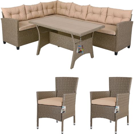CASARIA® Polyrattan Ecklounge Set WPC Esstisch Ecksofa 2 Gartenstühle Sitzauflagen Kissen Wetterfest Outdoor Lounge Garten Terrasse Balkon Möbel creme (1/5)