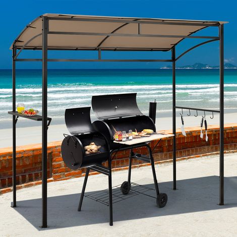 Tonnelle Barbecue Exterieur de 216 cm Cadre en Métal Imperméable Abri Barbecue avec Étagère de Service et Crochets de Rangement Belvédère pour Jardin Cour Marron (1/3)