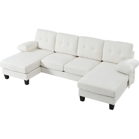 Sofá U de 4 plazas con chaise longue en chenilla beige HOMVRA (1/5)