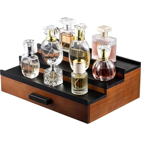 Étagère de Rangement en Bois pour Cologne pour Commode pour, Présentoir à 3 Niveaux avec Tiroir de Rangement et Plateau de Rangement avec Compartiment (1/5)
