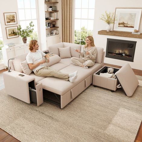 Canapé d'angle convertible extensible,canapé lit,canapé 3 places Moderne ports USB et Type-C,Canapé de Salon en L,pouf de rangement,table basse pliante,lampe de lecture et 2 coussins inclus,Beige (1/5)