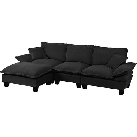 Sofá rincón modular en L de chenilla negro con 1 puf móvil y 2 cojines (1/5)