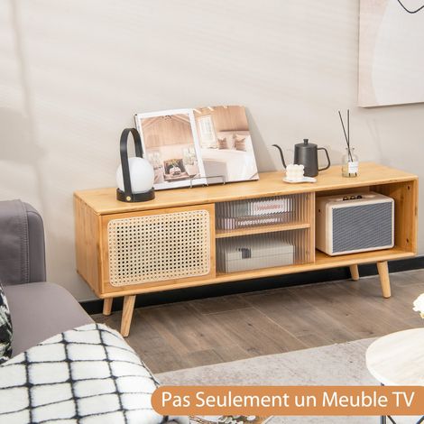 Meuble TV en Bambou avec 4 Compartiments pour TV 55" au Max Banc TV à 4 Pieds en Bois Massif 2 Portes Coulissantes en Rotin et Verre Trempé 120,5x31x45,5cm Maison Chic (1/4)