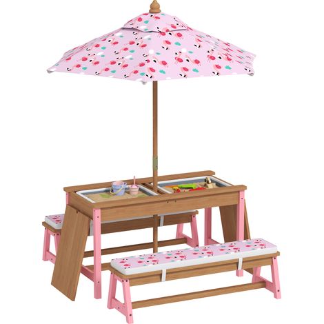 Kinderpicknicktisch mit Bänken, Kissen, faltbarem Sonnenschirm, abnehmbaren Aufbewahrungsboxen, Flamingo-Design, rosa