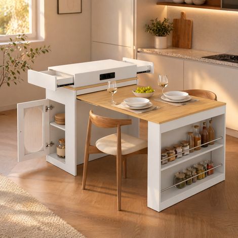 FLORAGRACE Îlot de cuisine 83 x 46 x 96 cm en MDF blanc extensible avec roulettes, table à manger pliante, rangements intégrés (1/5)
