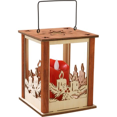 Lanterne Bois avec Bougie Cire Véritable à LED (1/3)