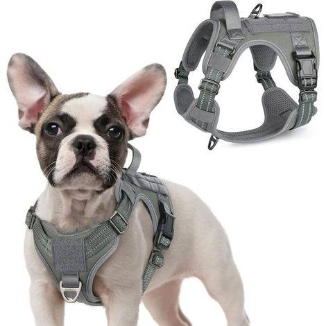 Harnais Chien Anti Traction, Harnais Tactique Chien Réfléchissant Réglable avec Poignée et Anneaux pour Entraînement Chasse Gris-S