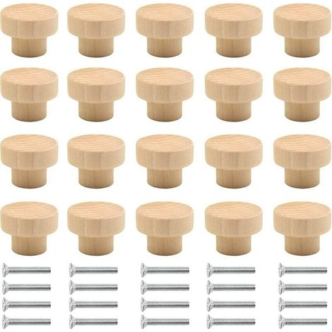 AIPERQ Lot de 20 poignées de meubles en bois naturel, boutons ronds pour armoires, portes et tiroirs (1/4)