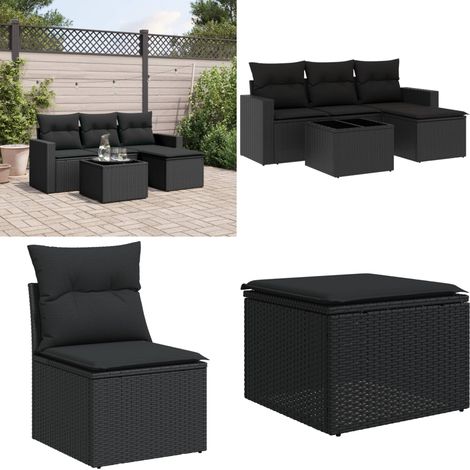 Salon de jardin 5 pcs avec coussins noir résine tressée - Ensemble Salon De Jardin - Meuble De Jardin - Canapé D'extérieur - Résine Tressée - Rotin Synthétique - Home & Living (1/5)