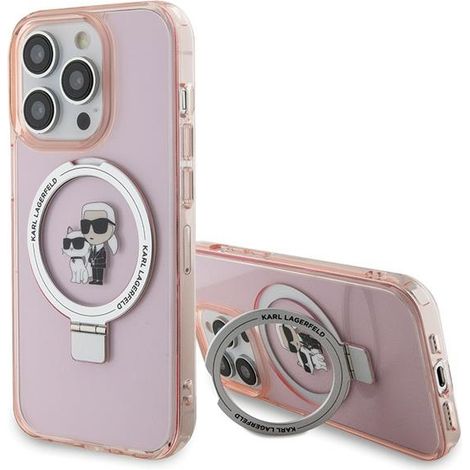 Karl Lagerfeld KLHMP15LHMRSKCP Custodia rigida rosa per iPhone 15 Pro 6.1" Supporto ad anello Karl&Choupettte MagSafe (1/5)