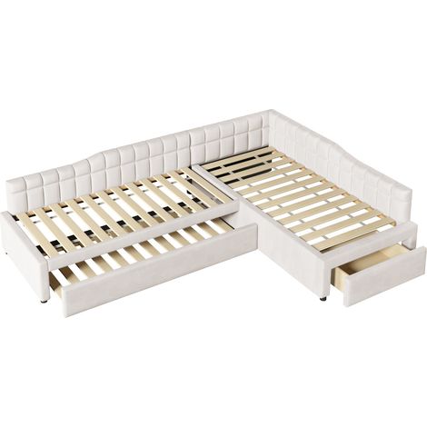 Polsterbett in L-Form 90x200 mit Ausziehbett und Schubladen, Beige (1/5)