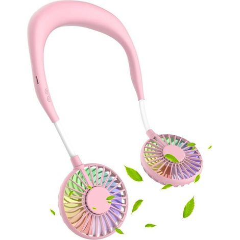 JZSH-Ventilateur portable - Ventilateur tour de cou USB mains libres, 3 vitesses, 7 LED, design casque rechargeable - Rose (1/5)
