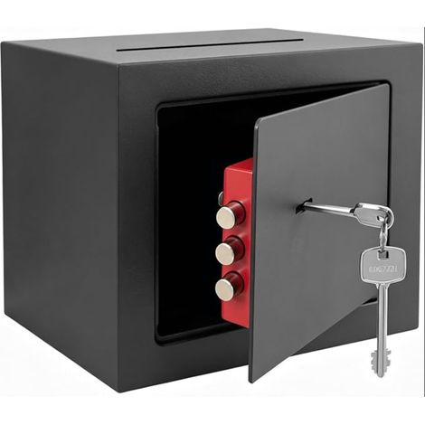 Coffre-fort avec clé, coffre-fort pour meubles, serrure de sécurité à double barbe, 6,6 l, avec construction en acier, pour fixation murale et au sol, tirelire avec clé pour espèces, bijoux, objets de (1/5)