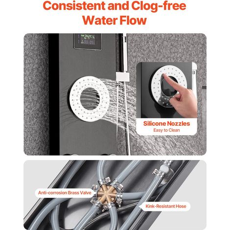 Colonne de douche avec pommeau pluie, LED, inox brossé 53 in, mitigeur 6 fonctions, jets massants, douchette et bec baignoire (1/5)