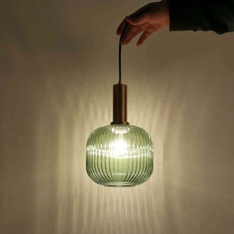 GROOFOO Lustre Intérieur Luminaire Suspension Industrielle Suspendus Modernes Douille E27 Abat Jour Plafond Suspension En Verre À Rayures (Vert, M 20cm) (1/5)