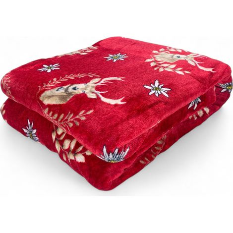 Plaid Sherpa Cervi Rosso – Coperta in Pile Agnellato Morbido Stile Tirolese – Retro Tortora, Stampa Cervo e Stelle Alpine Cm. 130x160