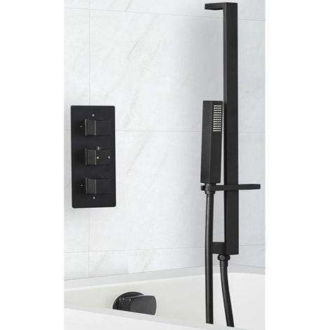 Milano Preto 2 Outlet Triple Thermostatic Mixer Shower Valve with Hand Shower Handset Slide Rail Bar Kit and Overflow Bath Filler Tap (1/3)