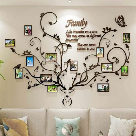 royaluxe -Décoration murale d'arbre généalogique de bois de cerf pour le salon, collage de cadre photo amovible en 3D autocollants acryliques bricolage avec tête de cerf et citation famille comme des (1/5)