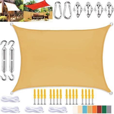 Vela de sombra rectangular, cubierta impermeable con protección UV y kit de fijación, para terraza y jardín, color arena amarilla, 2 x 2 m (1/5)