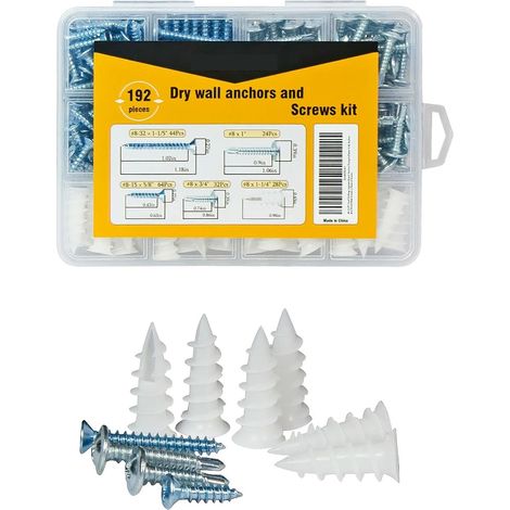 Kit 192 Pièces Chevilles Autoperceuses Placo et Vis Autotaraudeuses – Cheville Nylon Queue de Cochon Autoforeuse pour Plaque de Plâtre BA13 – Coffret Fixation Murale Sans Percage (1/3)