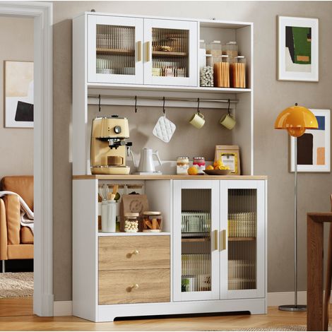 Meuble de cuisine haut 110 x 40 x 178 cm avec LED, prise USB et portes en verre trempé, blanc HAVRYA (1/5)
