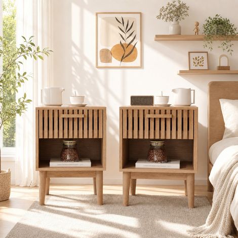 Lot de 2 tables de chevet vintage 40x35x55 cm, 1 tiroir et niche de rangement, bois naturel, style scandinave, pour chambre