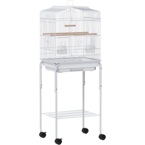 White Bird Cage for Budgies, Finches, and Parakeets with Stand, Wheels, Slide-out Tray, and Storage Shelf (1/5)