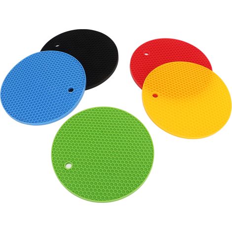 Lot de 5 dessous de plat ronds en silicone de 18 cm (7 pouces) résistants à la chaleur, disponibles en jaune, noir, rouge, bleu et vert.