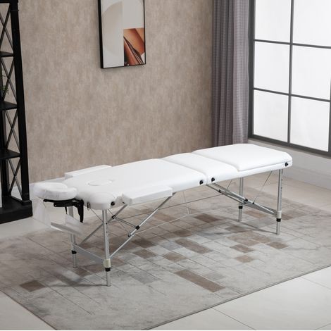 Camilla de masaje plegable (215x60x61-84 cm), altura ajustable, reposacabezas, PVC blanco (1/5)