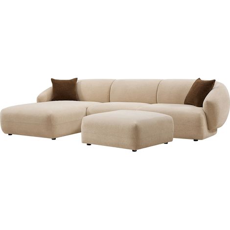 Canapé d'angle gauche et pouf en tissu texturé beige MIBASTO (1/4)