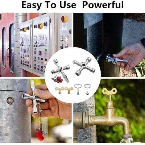 Ulisem4 Voies Clé Multifonction 6 Pièces, Clé Triangle Clé de Interrupteur de Robinet Clé en Croix Universelle Clef Passe Partout, pour Compteur Eau Radiateurs Compteurs Gaz Ascenseurs Coffret Electri (1/3)