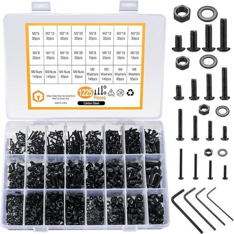Juego de 1225 piezas de tornillos, tuercas y arandelas Allen M2, M3, M4 y M5 - Juego de acero al carbono con cabeza de lente negra y rosca (1/5)