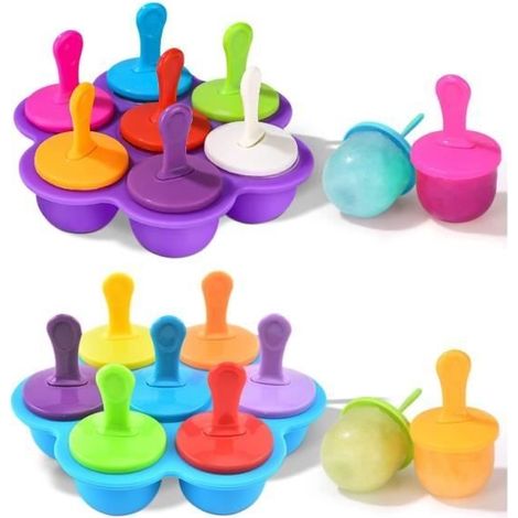 Moule à Glace, 2 PCS Silicone Moule à Crème Glacée, 7 Cellules Moule Glace Bebe avec Bâtonnets en Plastique Colorés, sans BPA,