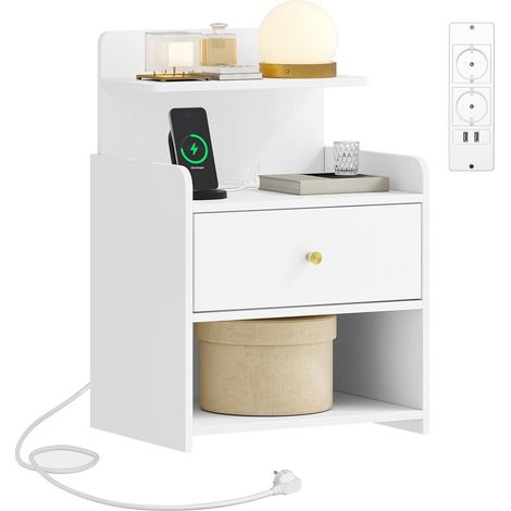 Table de chevet blanche avec multiprise – 2 prises CA, port USB et Type-C – Tiroir et compartiments ouverts – Dimensions 30x40x58 cm (1/5)