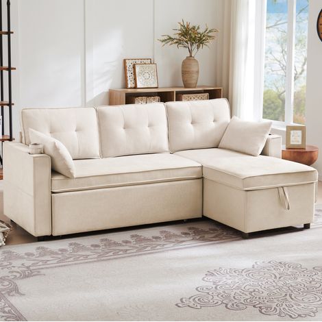 Divano 211x130x86 cm con Chaise-longue Reversibile e Contenitore, Tessuto Cotone-Lino Beige, Schienale Alto (1/5)