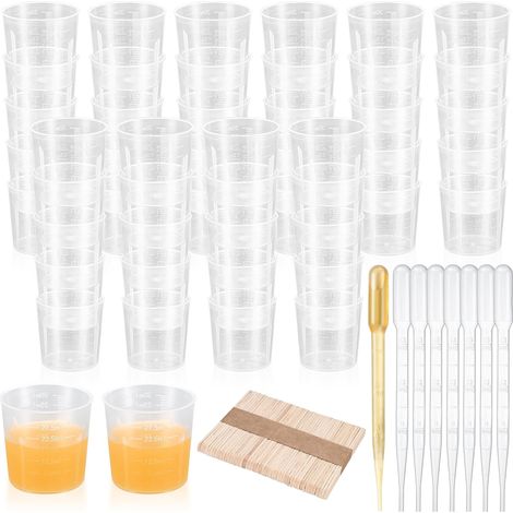 52 Pcs 30 ml Tasses à Mesurer en Plastique, Tasses à Mesurer Graduées pour Resine Epoxy, Verres Doseur, Gobelet Doseur pour Bricolage Tasses à Mélanger, avec 50 Bâtons de Bois, 20 Pailles de 3 ml (1/5)