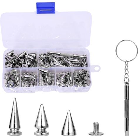 Kit de 80 Clous à Pointes Punk et Studs Décoratifs, 10mm Rivets en Cône Métal Argenté avec Tournevis, pour Personnalisation DIY, Idéal pour Vestes en Cuir, Sacs, Ceintures, etc. (Argenté 10mm)