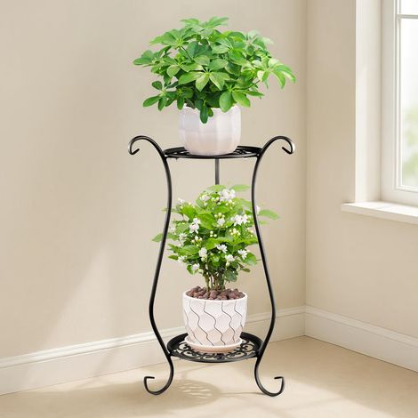 Trintion 2 Tier Metal Plant Stand Indoor Outdoor, Tall Flower Pot Holder Display Rack, Plant Shelf Table for Garden Patio Balcony Living Room Corner, Black Metal Plant Rack 61x33cm (White)