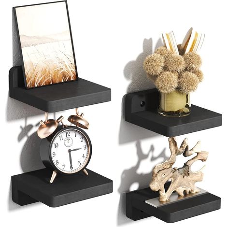 (noir) Lot de 4 petites étagères flottantes murales, étagères en bois de 12,7 cm (5 pouces) pour la décoration de chambre, mini avec 2 types d'installation (1/5)